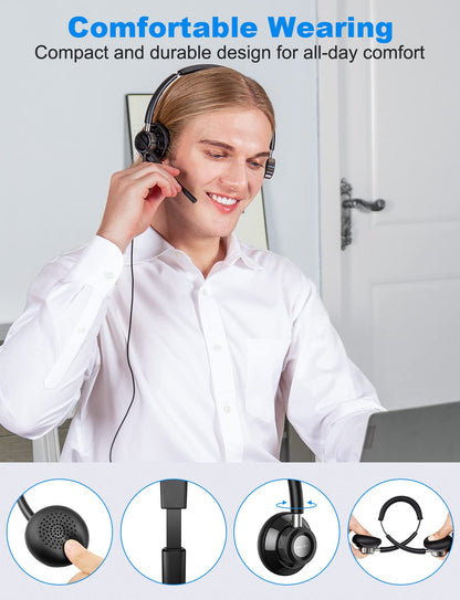 New Bee USB Headset with Microphone for PC, Computer Headset with in-line Mute Volume Control Wired Headset for Laptop, Skype, Zoom, Call Center, Meetings, Webinar, Home