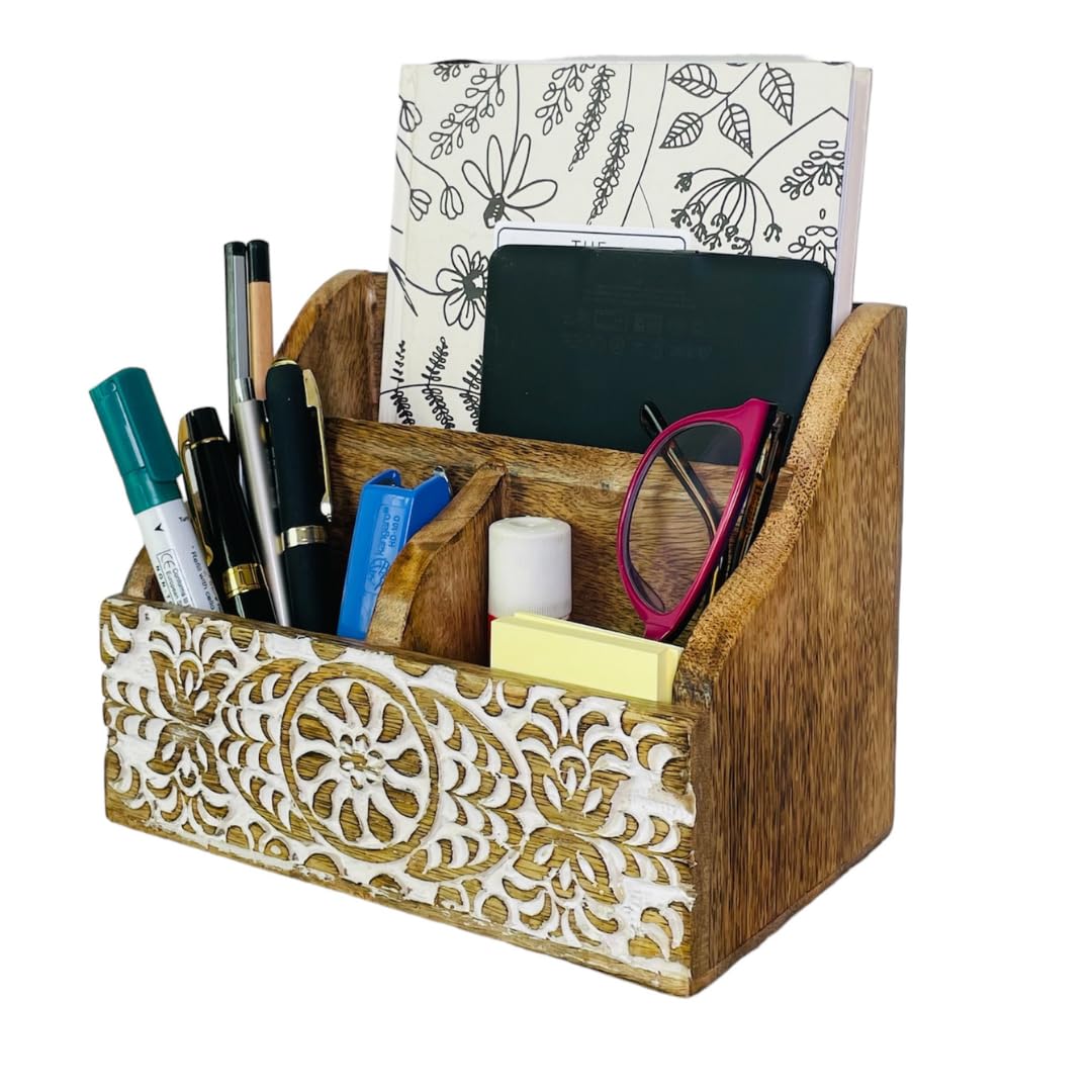 Wooden Office Desk Organizer Countertop, Farmhouse Stationary Aesthetic Organizer for Marker, Pen, Remote, Makeup Brush, Art Supplies Accessories, Modern Work Study Drawer Caddy- White Shabby Chic