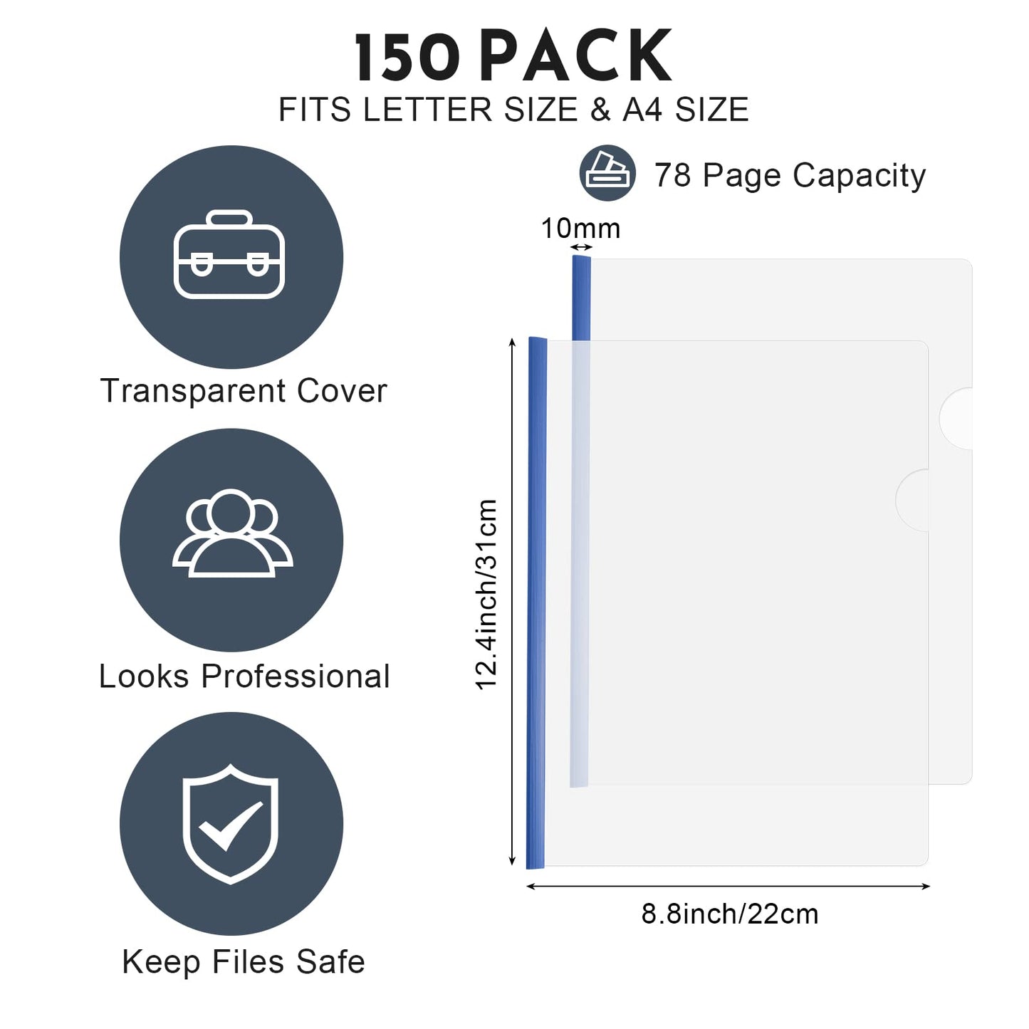 150 Pcs Bulk A4 Clear Report Cover with Sliding Bar 5 Colors Folder Binder Sliding Bar Files Classification Transparent Resume Clipbar Presentation File Folders for School and Office