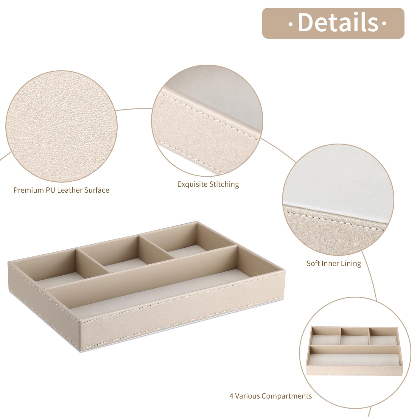 GORESE PU Leather Valet Tray, Stackable Jewelry Trays for Dresser, Drawer Nightstand Organizer Bedside Trays for Men Women, Entryway Desk Catchall Tray for Trinket, Key, Purse, Watch, Cologne, Beige