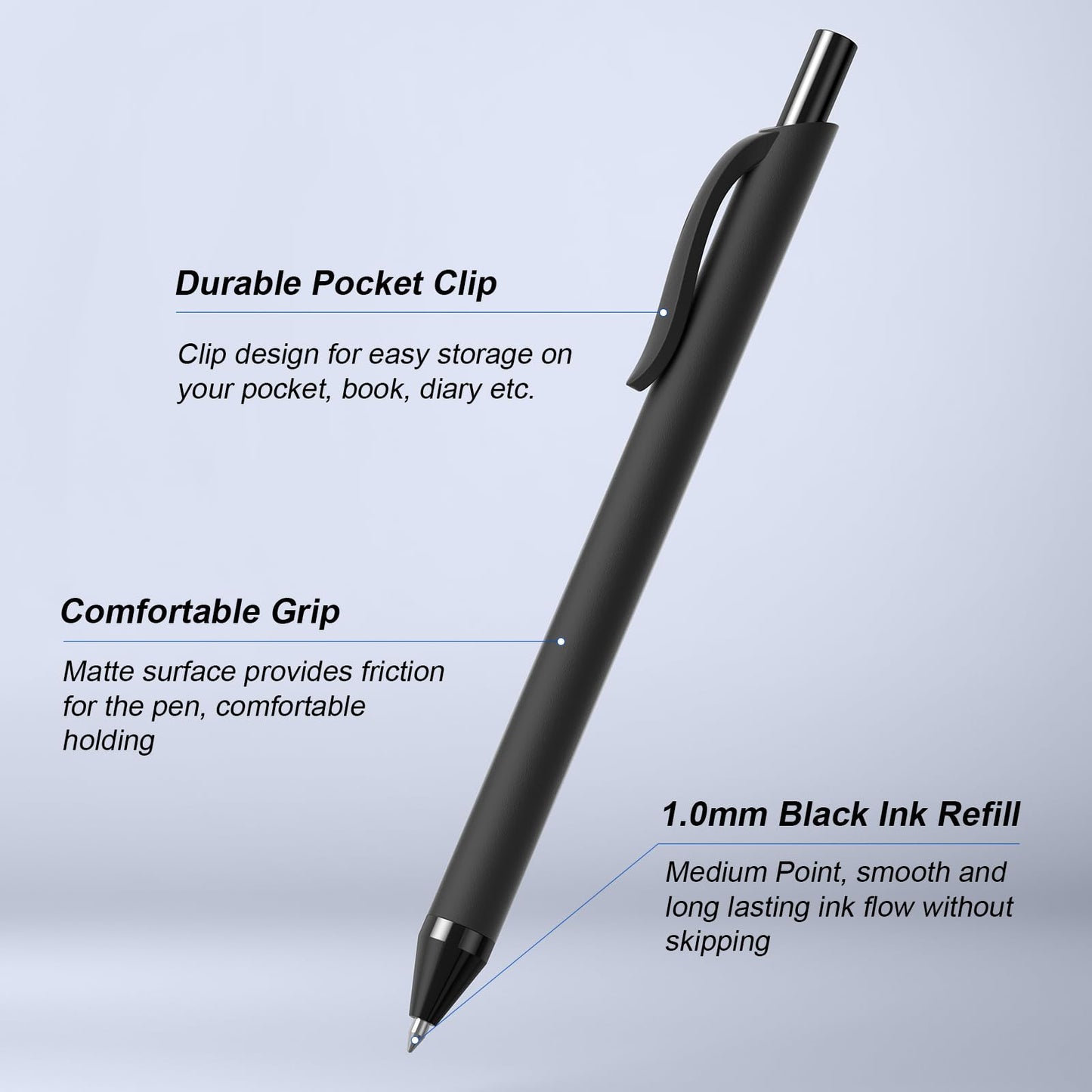 InkSlick 50 Pack Black Ink Pens - Bulk Pens, 1.0MM Medium Point Ballpoint Pens, Smooth Writing No Bleed Retractable Ball Point Pen (Black)