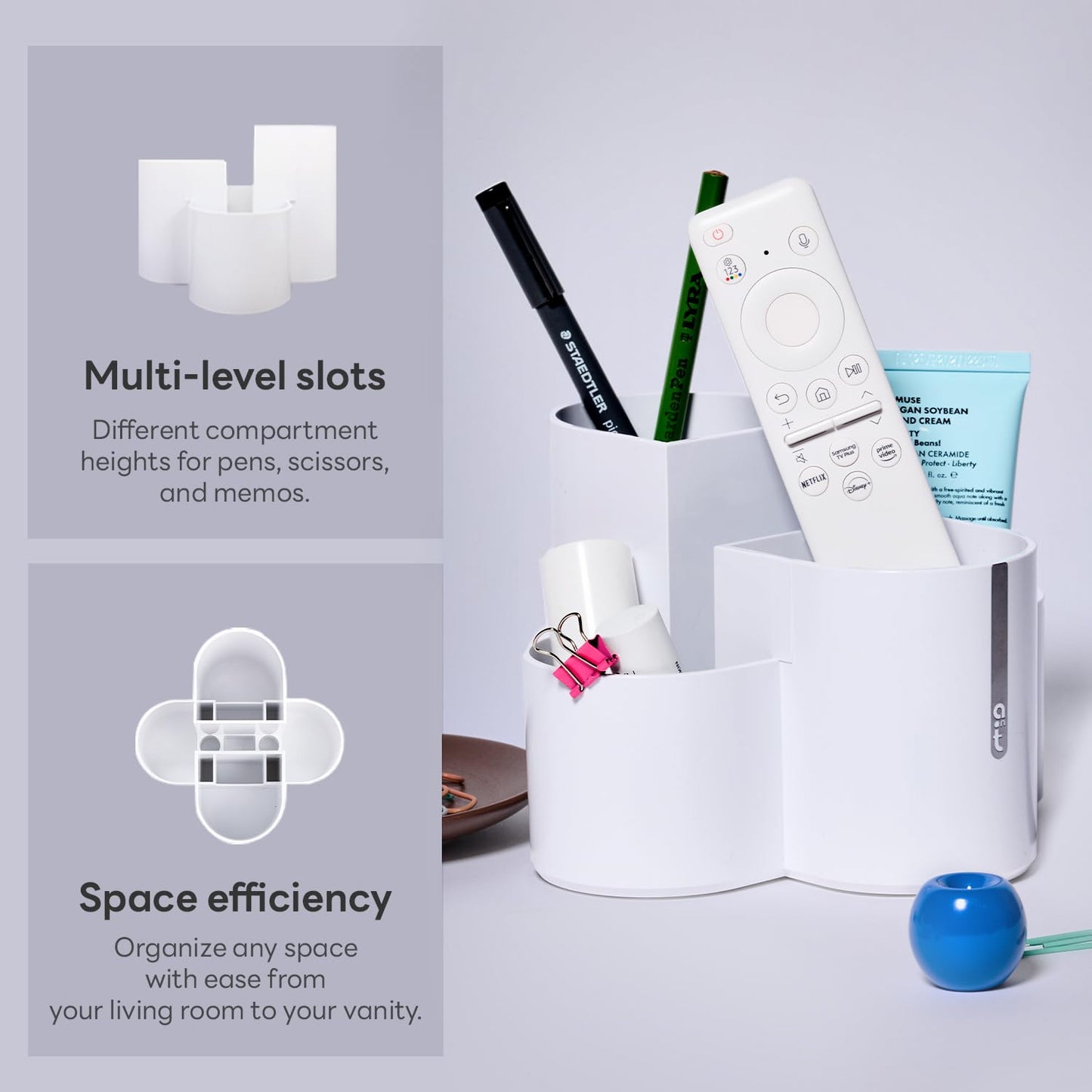 AONTILLO Aesthetic Desk Organizer [Sand Beige] - Multi-Compartment Pen Holder & Remote Control Caddy, Modern Vanity Makeup Brush Organizer, Premium Stationery Storage (Made In Korea)