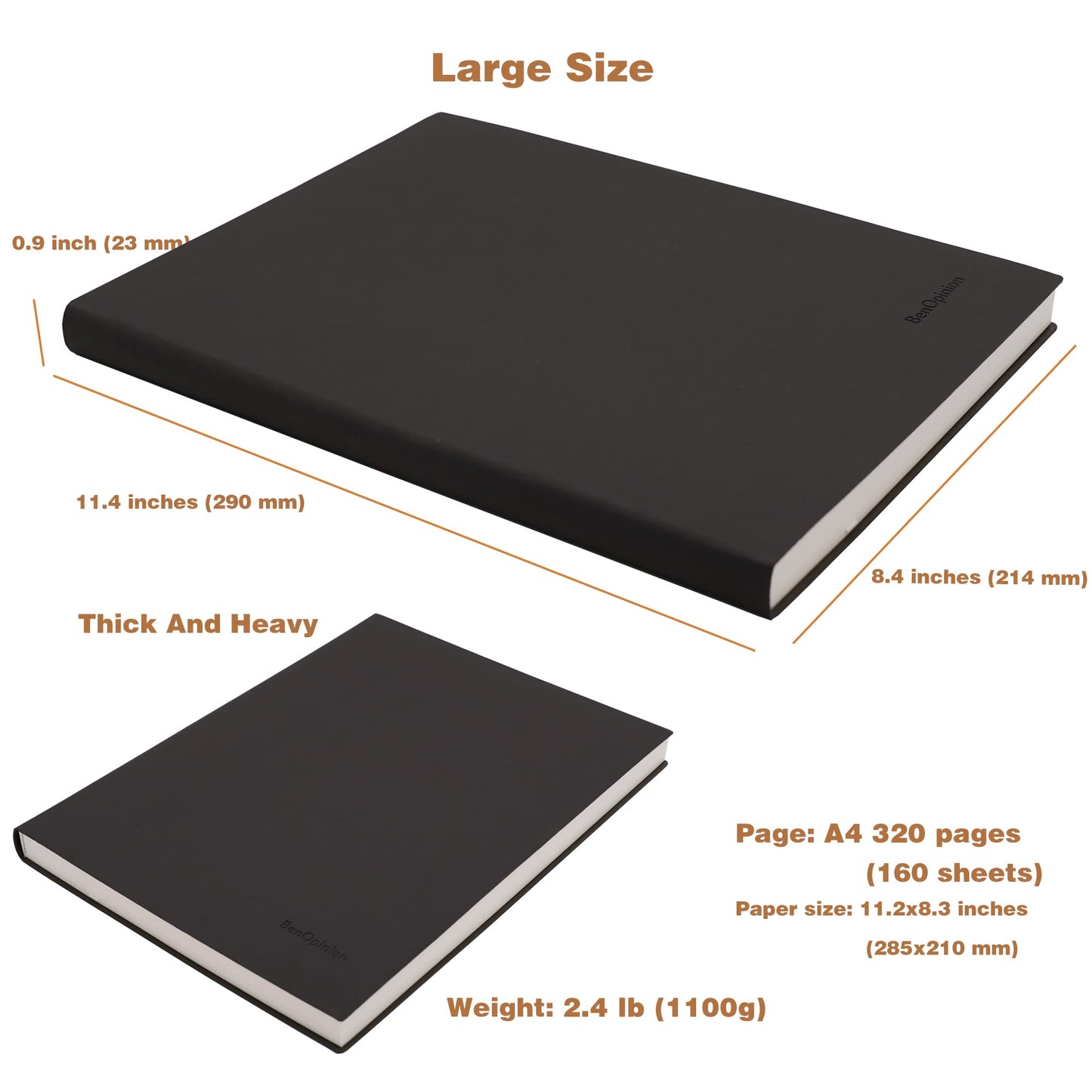 BenOpinion Large Blank Notebook Journal for Writing Drawing, Soft Faux Leather Cover, 100GSM Papers, 320 Pages, A4 8.4x11.4 inches Sketch Book (Black, Plain)