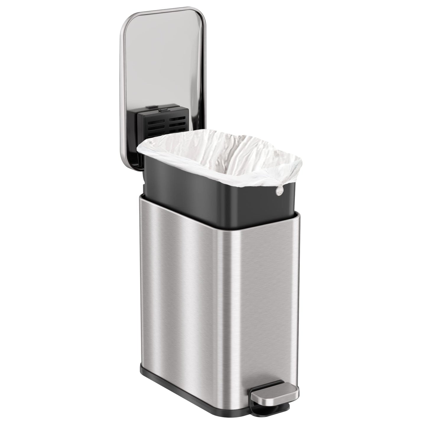 iTouchless SoftStep 1.3 Gallon Slim Bathroom Step Trash Can with Odor Filter & Removable Inner Bucket, Stainless Steel, 5 Liter Garbage Bin for Bathroom, Bedroom, Business, Home Office Cubicle