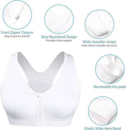 Wireless Women's Zip Front Sports Bra - Post-Surgery Activewear | Comfortable Yoga Fit