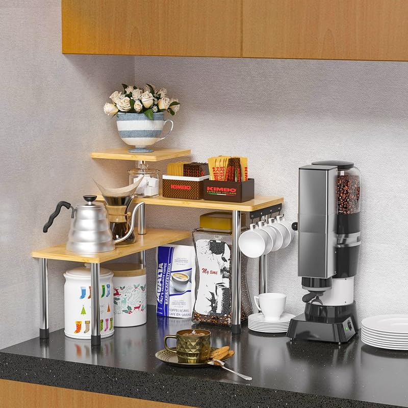 ZHWS Kitchen Countertop Organizer Spice Rack for Salt, Bathroom Counter Organizer Over Sink for Makeup, Skincare, Adjustable 3-Tier Corner Counter Shelf with 4 Hooks for Coffee Bar Dresser Table