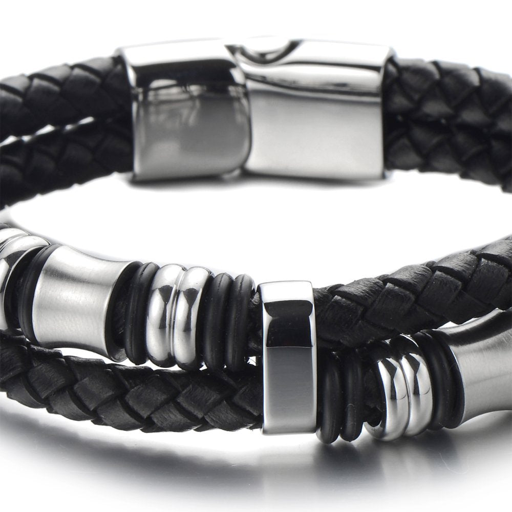COOLSTEELANDBEYOND Men's Black Double Braided Leather Bracelet With Stainless Steel Barrel Beads, Layered Wristband With Clasp, Modern Minimalist Wrist Jewelry