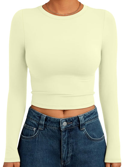 Trendy Queen Womens Long Sleeve Crop Tops Basic Slim Fitted Shirts Fashion 2025 Going Out Y2k Tops Teen Girl Clothes