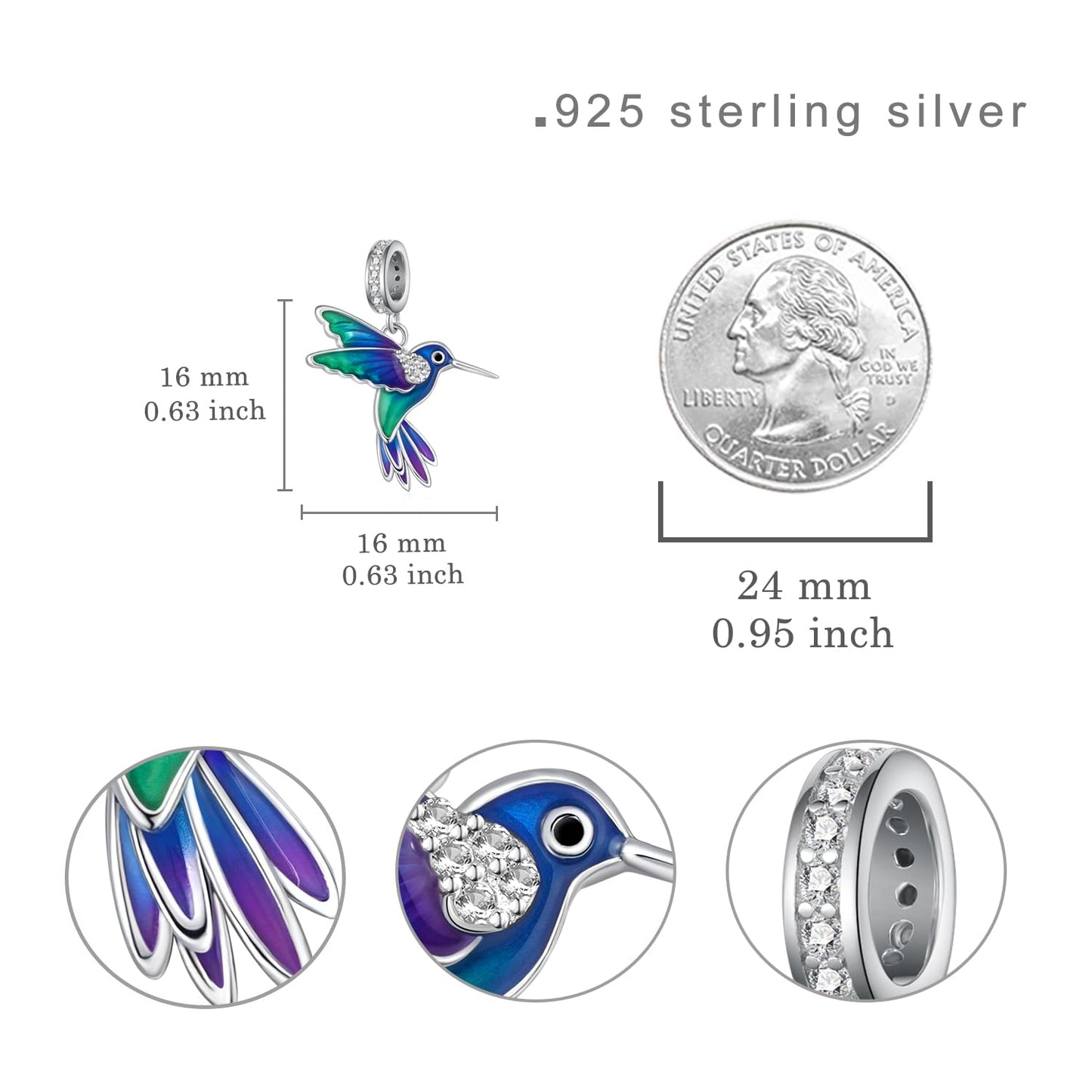 Cute Animals Charms 925 Sterling Silver Highland Cow/Dragon/Axolotl/Raccoon/Whale/Turtle/Cardinal/Hummingbird Charms for Bracelets for Women Cute Animal Charm Beads for Jewelry Making (Hummingbird Charm)
