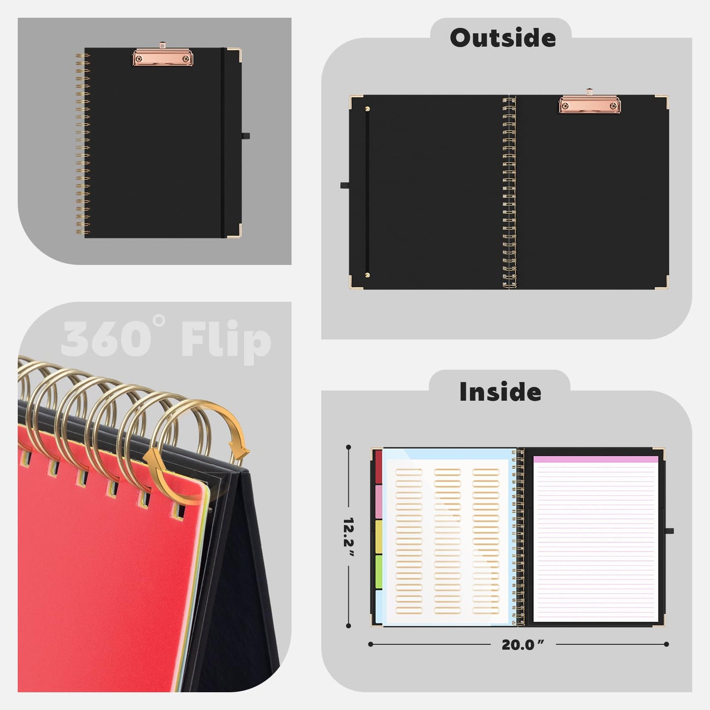 EYROZILL Clipboard with Storage, Clipboards for Letter Size, Clip Board with 5 Folders and 10 Pockets, Spiral Cute Clipboard for Office School Nursing, 8.5'' x 11'' (Black, Letter Size)