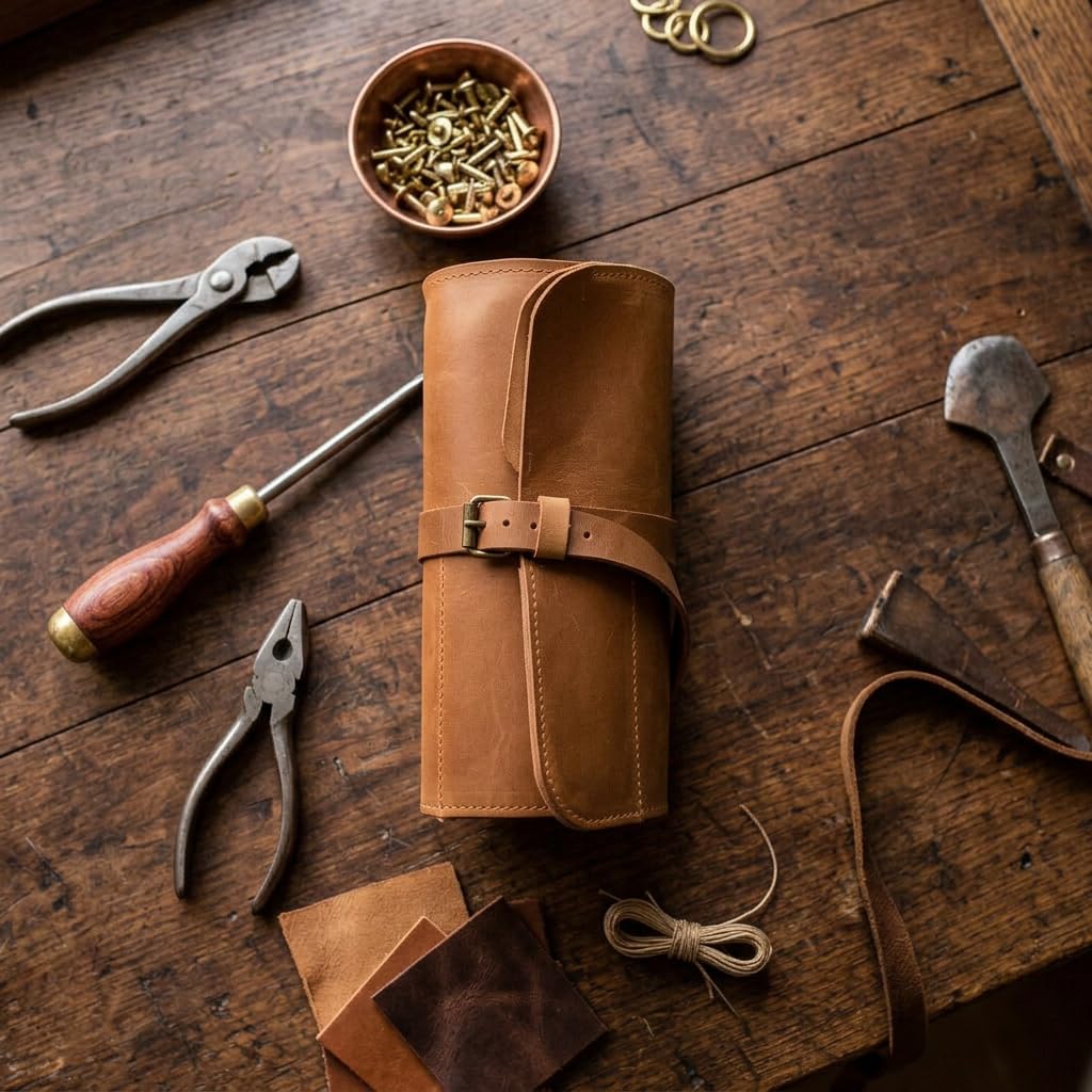 TORAKIP Genuine Leather Tool Roll – Compact Roll-Up Tool Organizer with Multiple Pockets for Wrenches, Screwdrivers & Pliers – Portable Leather Tool Storage Case, Warm Brown (Tools Not Included)