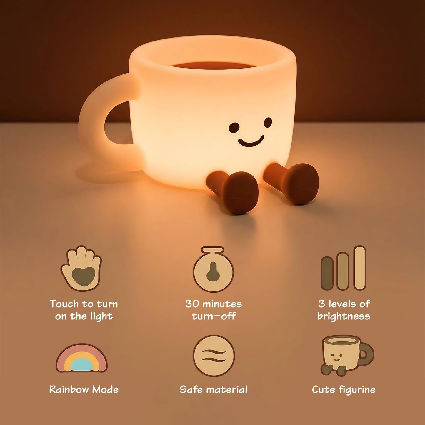 Yesinaly Coffee Cup Night Light - 7 Color Changing Dimmable Warm Light, Touch Control Bedside Lamp with Timer, Rechargeable Portable Mood Light for Nursery, Bedroom, Gift