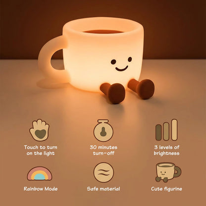 Yesinaly Coffee Cup Night Light - 7 Color Changing Dimmable Warm Light, Touch Control Bedside Lamp with Timer, Rechargeable Portable Mood Light for Nursery, Bedroom, Gift