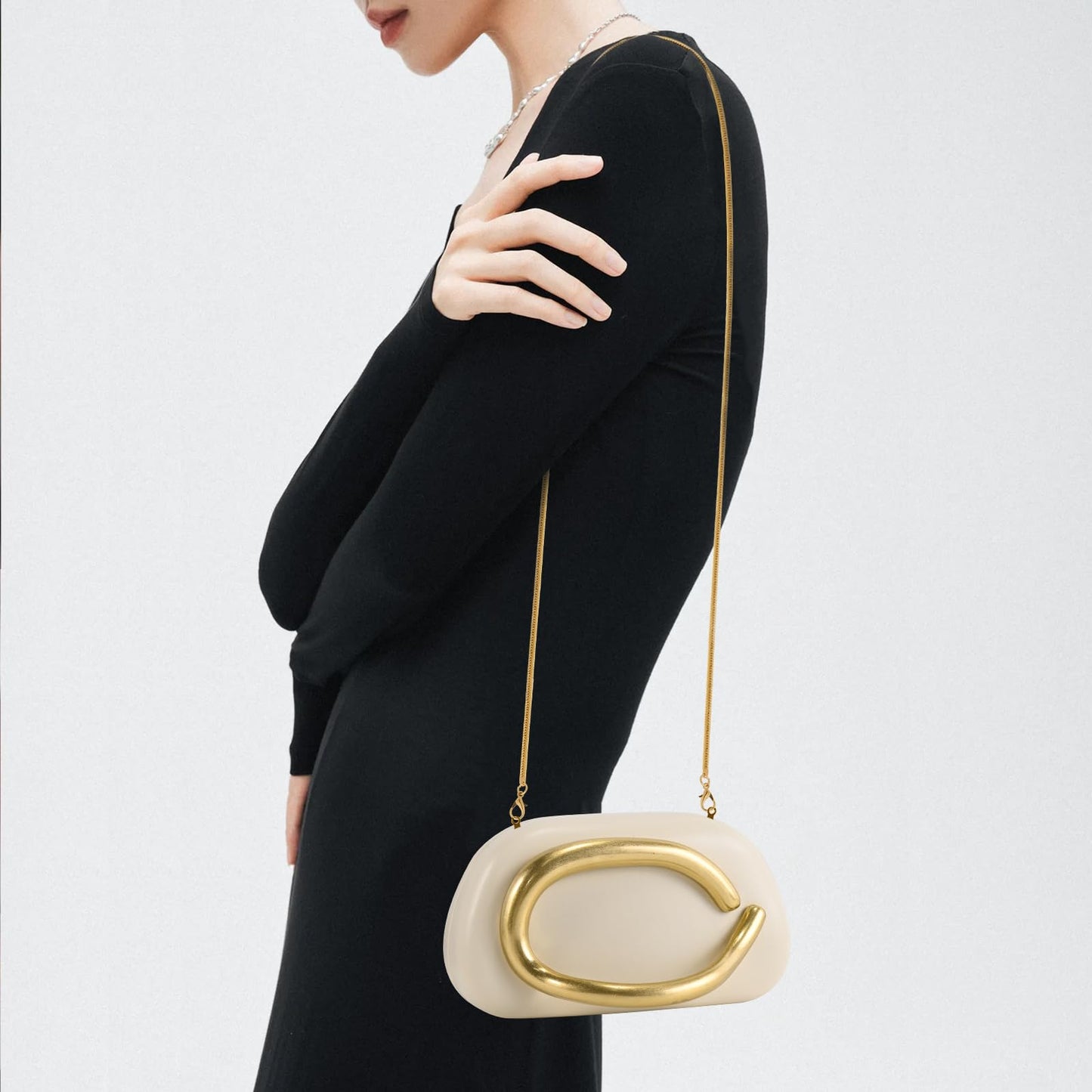 NEWROGENG Clutch Purses for Women Formal, Leather Evening Bags with Chain, Trendy Metal Handle Purses and Handbags 2025, Leather Nude