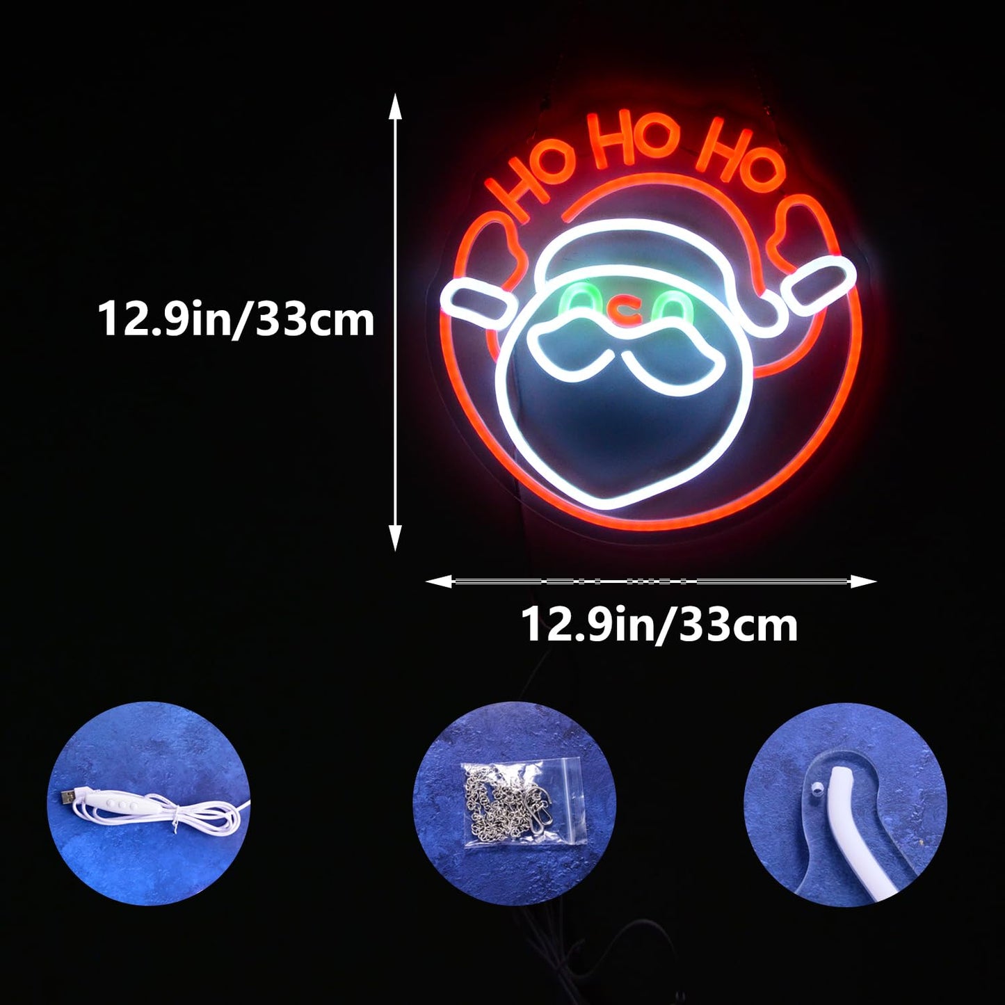 LED Santa Claus Head Neon Sign with "Ho Ho Ho" Text, Cute Red Merry Christmas Kids LED Neon Lights Festival Wall Decor for Home, Office, Bar, Window, and Xmas Party Decoration