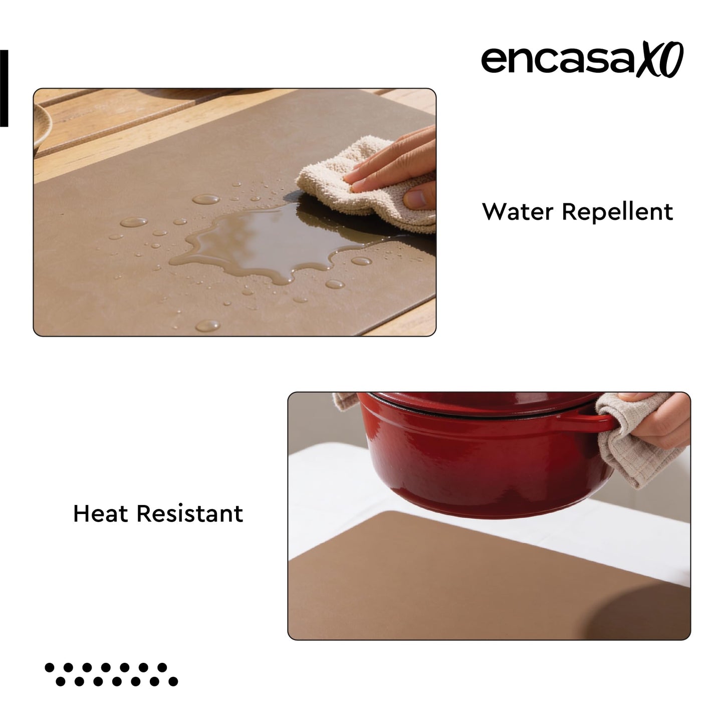 Encasa XO Dual Sided Leather Taupe Table Runner with Suede Top | Heat & Water Resistant, Non-Slip, Wipeable & Durable Dining & Kitchen Table Decor | 12"x33"