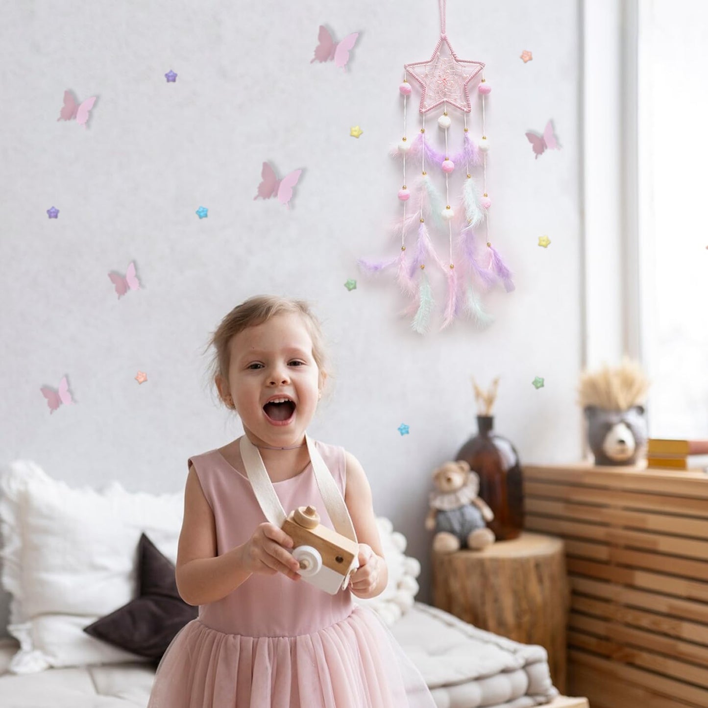 Fun-Plus Pink Dream Catcher Wall Hanging Set - 10 Butterflies & 16 Stars, Boho Room Decor for Girls, Easy Peel & Stick Wall Art