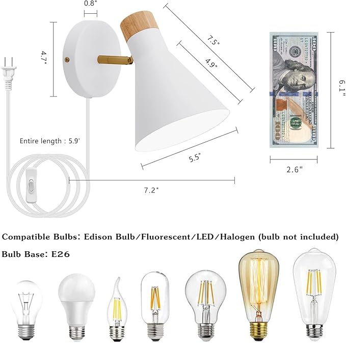 Wall Sconce Set of 2, Wall Sconce with Metal Shade, Plug Switch, Indoor Decor Wall Mount Swing Arm Lamp for Bedroom,Hallway,Living Room,Reading, White