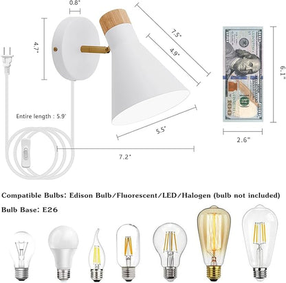 Wall Sconce Set of 2, Wall Sconce with Metal Shade, Plug Switch, Indoor Decor Wall Mount Swing Arm Lamp for Bedroom,Hallway,Living Room,Reading, White
