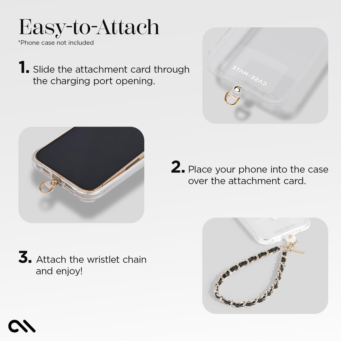 Case-Mate Phone Charm - Detachable Anti Theft Strap - Hands-Free iPhone Wrist Strap for Women - Phone Chain Wristlet - Fits Galaxy, Pixel and More - Gold Chain / Black Leather