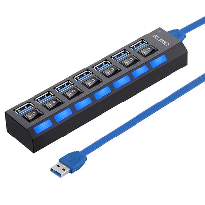 Multi Port Splitter, 7 Port USB 2.0 Hub, USB A Port Data Hub with Independent On/Off Switch and LED Indicators, Lights for Laptop, PC, Computer, Mobile HDD, Flash Drive and More (Black 2.0)