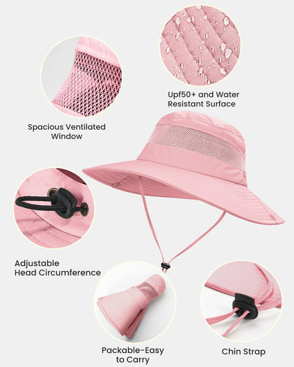Beach Sun Hats for Women UV Protection with High Ponytail Hole UPF 50+ Fishing Safari Garden Hiking Hat Women Water Resistant Packable Sun Hat Pink