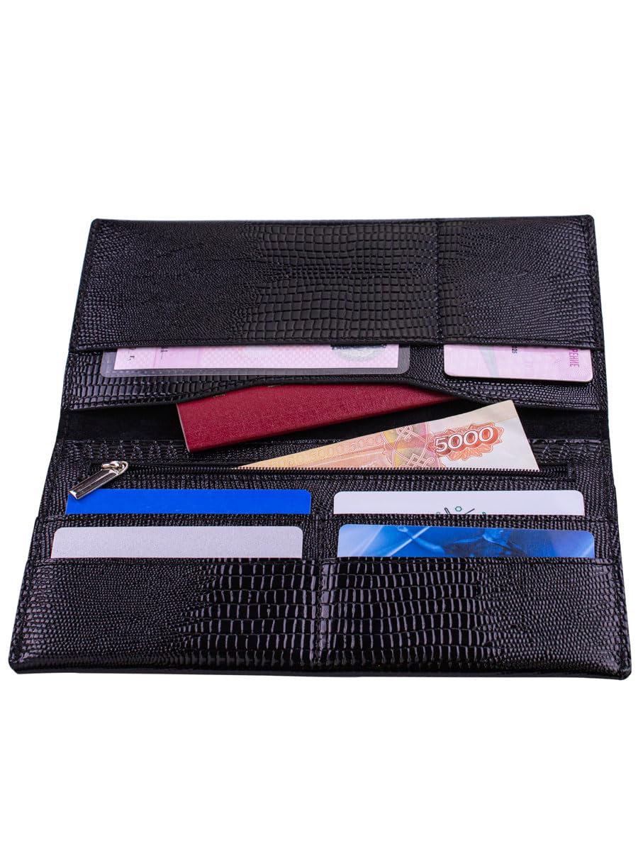 Genuine leather banknote wallet Travel black lizard (leather, durable stitching, folds in half, holds 4 cards, coin pocket, flat banknote compartment)