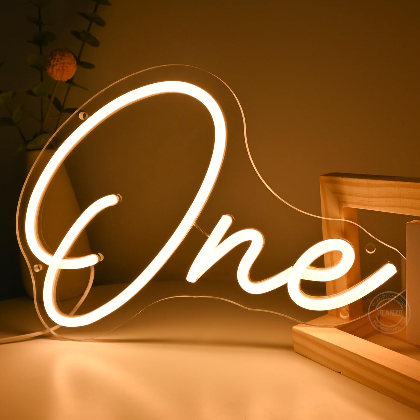 Planzo One Led Neon Sign Light 1th One Year Old Birthday Baby Cave Backdrop Bedroom Wall Sign Decor Banner Wedding Party Decor Gifts USB 11.81"x8.66" Warm White