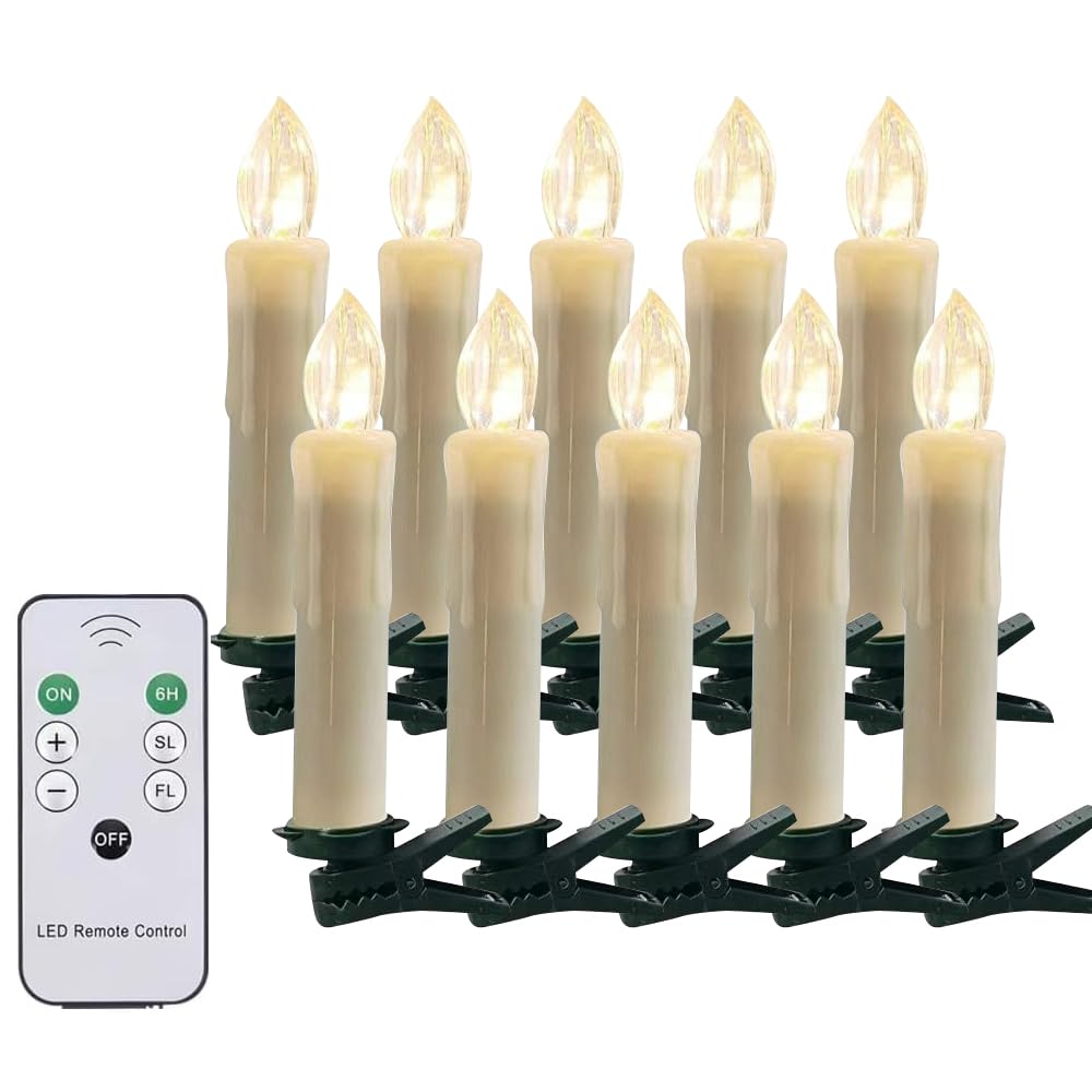 xunhuimemory 10PCS LED Flameless Taper Candles Flickering with Remote Timer, Battery Operated Christmas Tree Candles, Warm White Window Lights Clips, Perfect for Christmas, Home Decoration