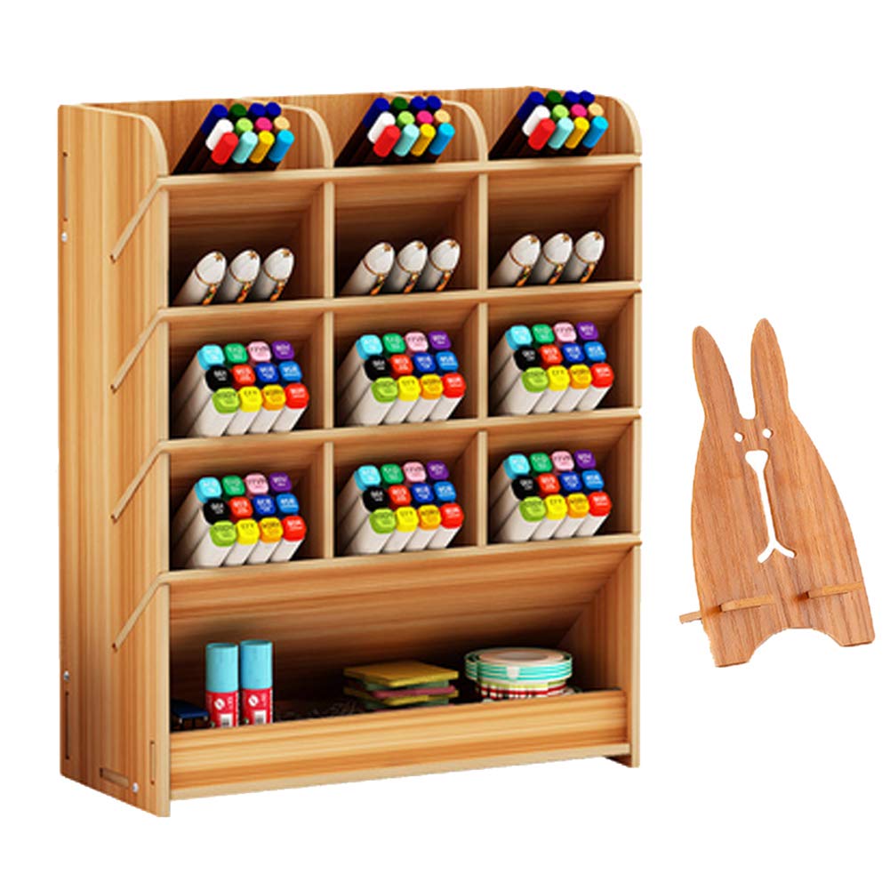 Marbrasse Wooden Pen Organizer, Multi-Functional DIY Pen Holder Box, Desktop Stationary, Easy Assembly, Home Office Art Supplies Organizer Storage with Drawer (B12-Cherry Color)