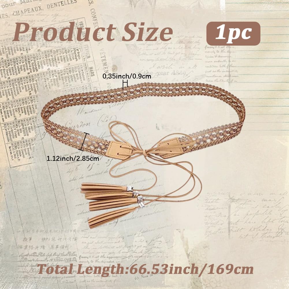 CALFOVERA Woven Knotted Waist Belt PU Leather Boho Tassel Waistband 66.54 x 1.12 Inch Vintage Bohemian Hollow Belt with Wax Rope Western Ethnic Macrame Waistband for Women Dress Skirt (Bisque)