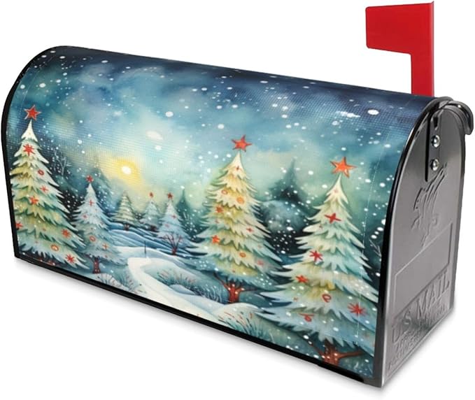 Festive Magnetic Mailbox Cover Christmas Forest Pattern Outdoor Mailbox Protector Holiday Seasonal Decorative Garden Yard Home Standard Size 21 x 18 Inch