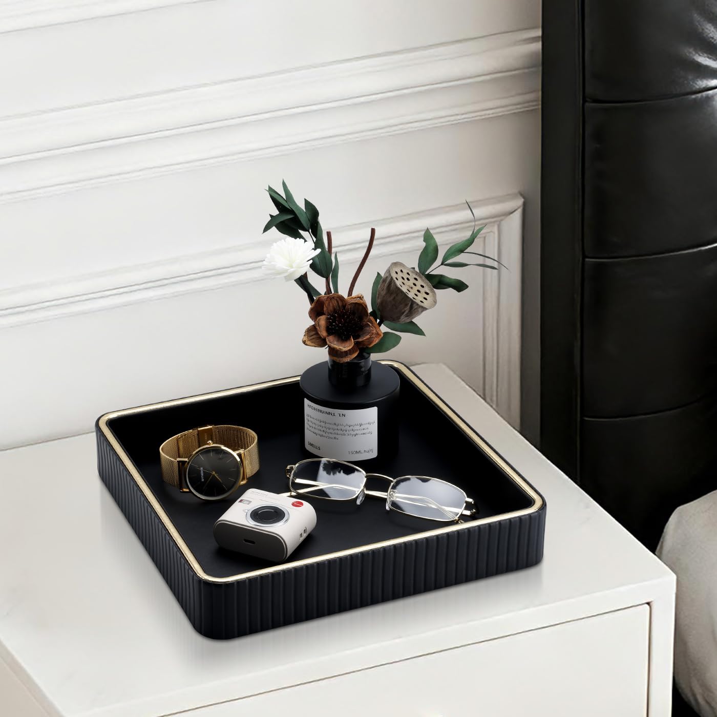 GORESE Leather Valet Tray Nightstand Organizer, Square EDC Trays for Colognes Wallet Sunglasses, Key Dish Catch All Bowl Desk Tray, Gift for Men & Women, Black(9.3'' × 9.3'')