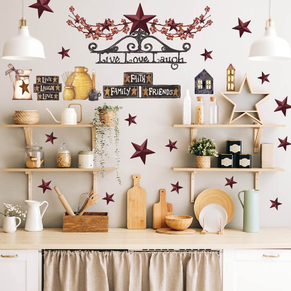 SUPERDANT Country Style Wall Sticker Barn Star Wall Decals Peel and Stick Vinyl Art Decal Home Decor for Kitchen Dining Room Livingroom Fireplace Entrance Hall Farmhouse Decoration Gifts
