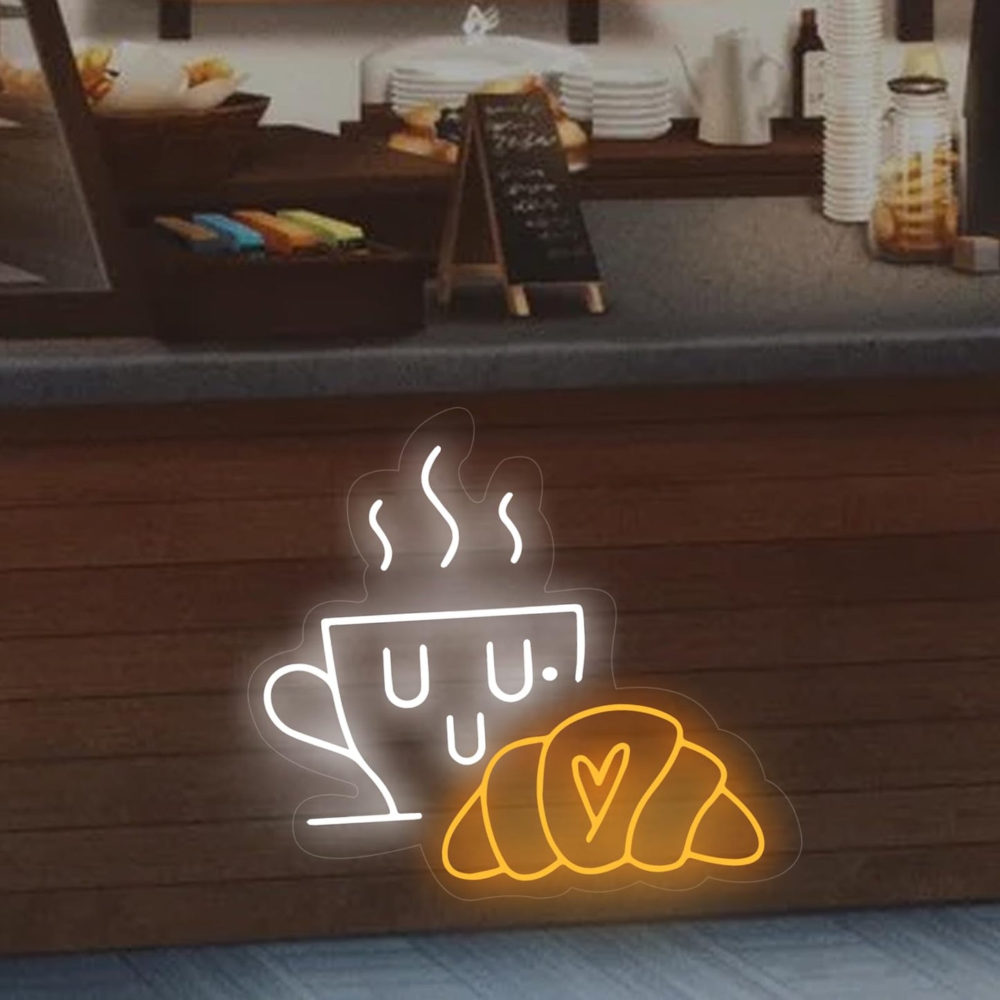 Coffee & Croissant LED Neon Sign,Bakery Shop Bakery Decoration Neon Light coffee Cup Home Bar Wall Decor Croissant Lover Gift For Family Party Bedroom Restaurant Bar Birthday
