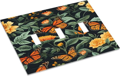 Butterflies Flower Garden Light Switch Covers 3 Gang Triple Toggle Wall Plate Decorative Switchplate Electrical Faceplate for Farmhouse Living Decor