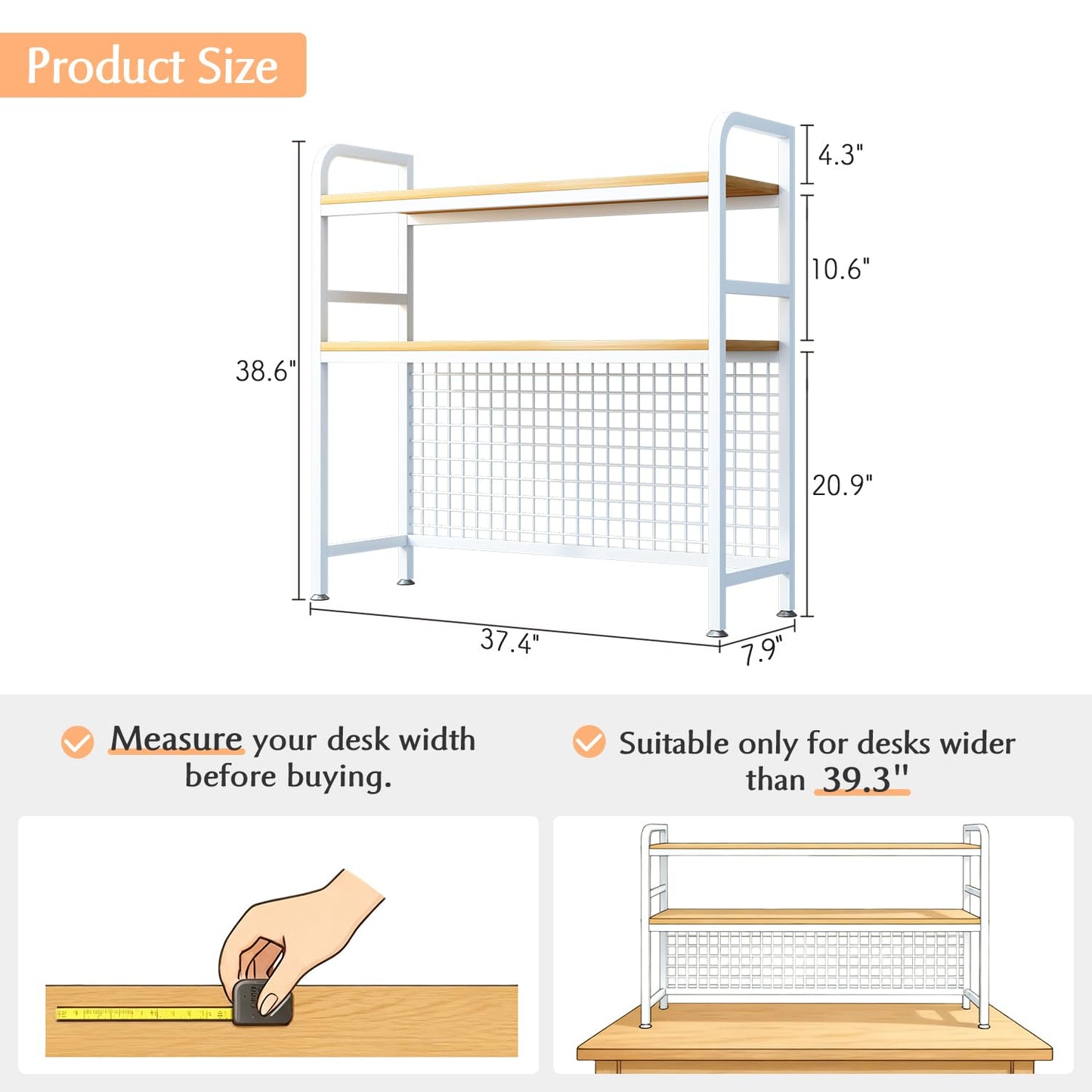 IOTXY 2-Tier Desktop Hutch Bookshelf - Metal Desk Shelf Bookcase with Grid Panel, Countertop Storage Organizer Rack for Dorm or Office, White, 37.4" W