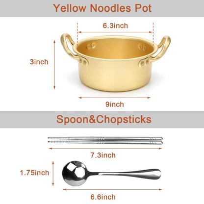 Korean Ramen Cooking Pot, AHIER Korean Ramen Noodle Pot With Lid, Spoon and Chopsticks (1pair), Fast Heating for Kitchen Cookware (Double handle) (6.3in)