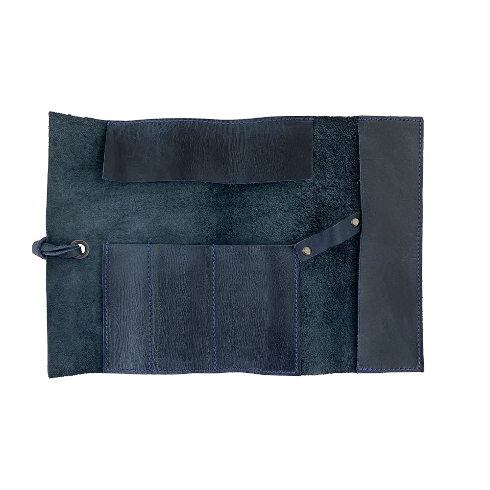 Hide & Drink, Rustic Pencil Roll Pouch, Multi-Purpose Storage Wrap for Scissors, Earphones, Organizer for Craft, Full Grain Leather, Handmade, Slate Blue
