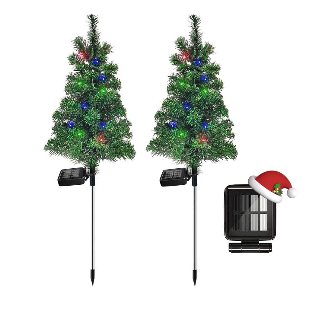 Solar Christmas Tree Garden Stake Lights Outdoor Waterproof Pathway Lights Xmas Tree Light for Lawn Patio Yard Front Porch Christmas Decor 2pcs
