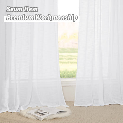 RYB HOME White Curtains Linen Textured Sheer Light Filtering Semi Sheer Curtains 84 inches Long Half Privacy Window Drapes for Living Room Bedroom Dining, Length 84 by Width 52 inch, 2 Panels Set