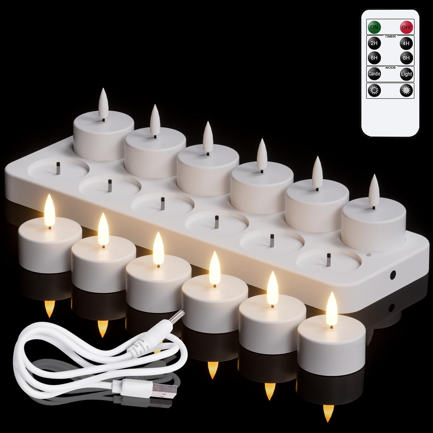 Wondise Rechargeable Tea Lights with Remote and Timer, 12 PCS Battery Operated 3D Wick Flickering Flameless Candles with Charging Base for Halloween Christmas Decor(1.6" x 1.9")