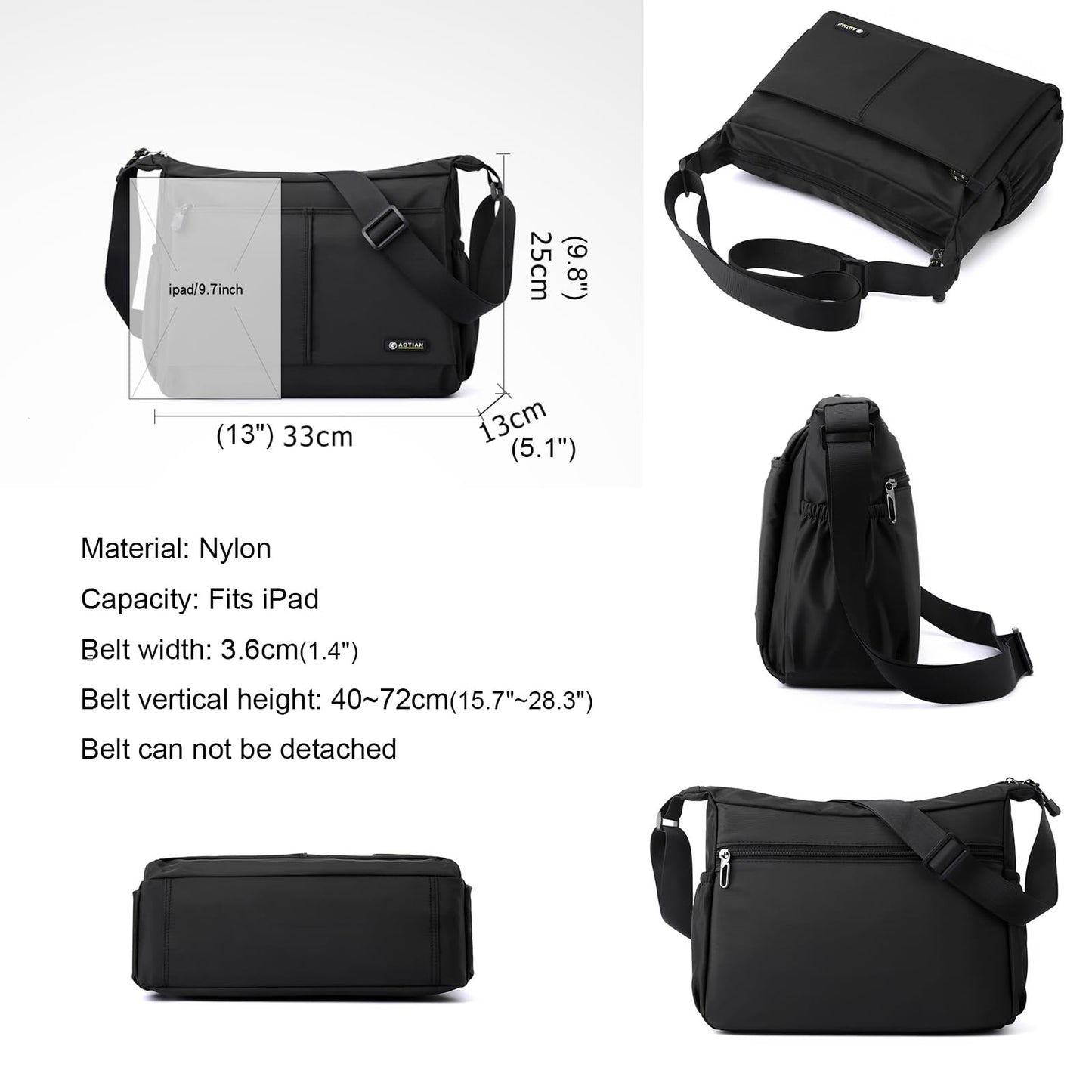 natyrlpog Men's Shoulder Bag Messenger Bag Nylon Waterproof Lightweight Casual Black Crossbody Bag for Work Travel Outdoor