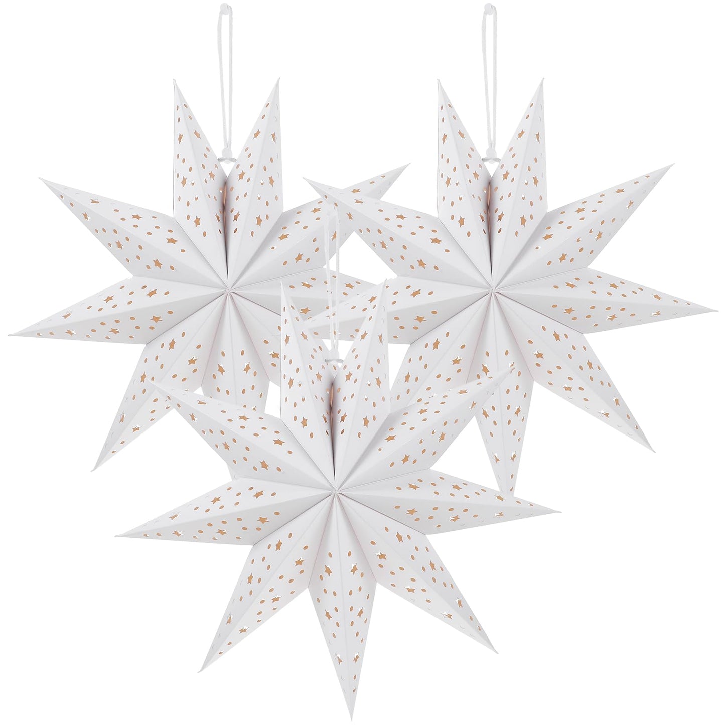 TOYANDONA Christmas Paper Lampshades: 3pcs White 9 Pointed Star Lampshade Lantern Shade Hanging Decorations, 35cm Hollow Out Lamp Covers for Wedding Birthday Holiday Christmas Party Hanging Decoration