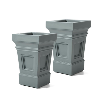 Step2 Atherton Square Planter, Large Planters for Outdoor Plants, Gardening and Flower Pot for Patio or Porch, Efficient Drainage, Durable Plastic, Sage Gray, 2-Pack