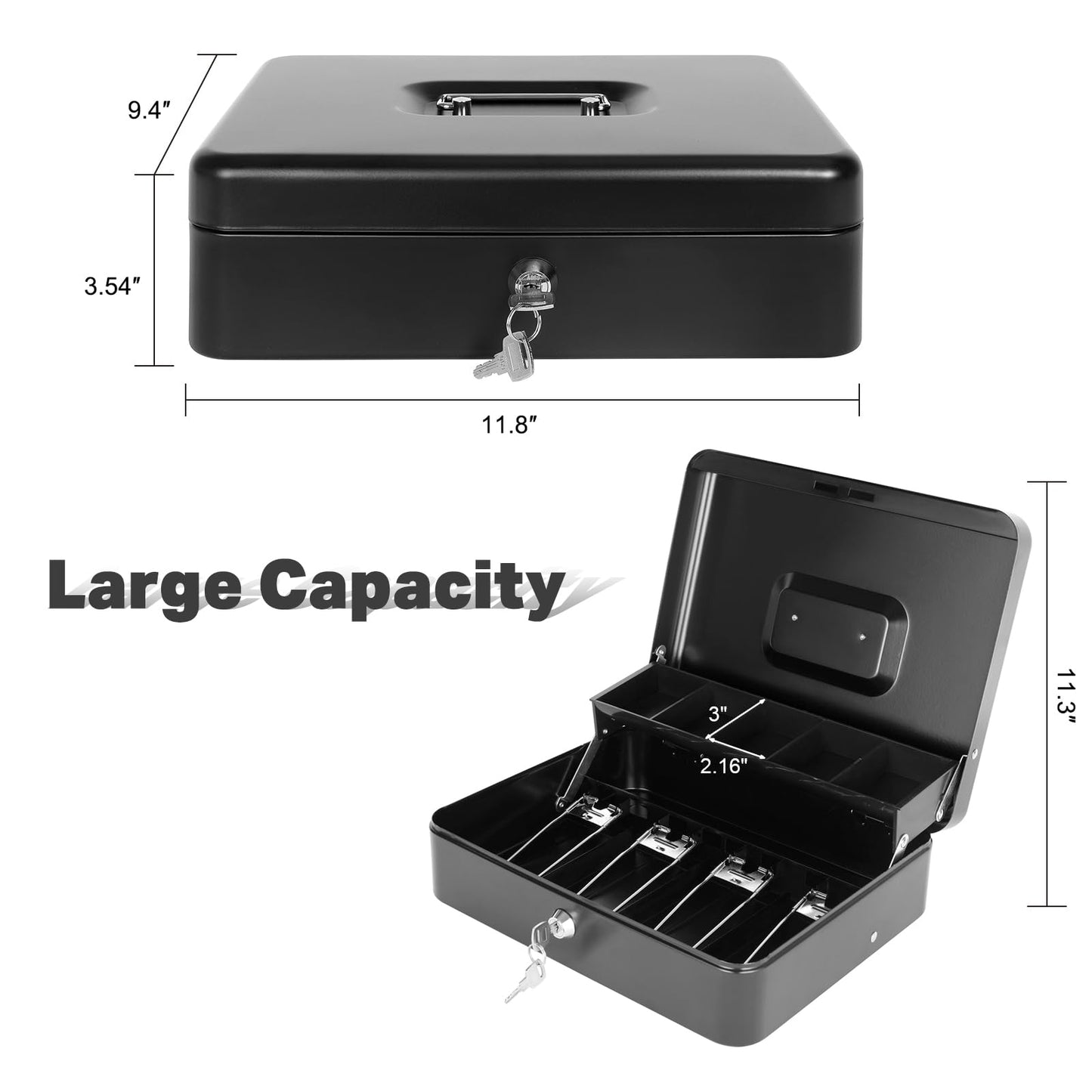 Cash Box with Lock Key and Money Tray - Large Money Box for Cash Register, Metal Lock Box for Money Safe 11.8" x 9.4" x 3.54" Black