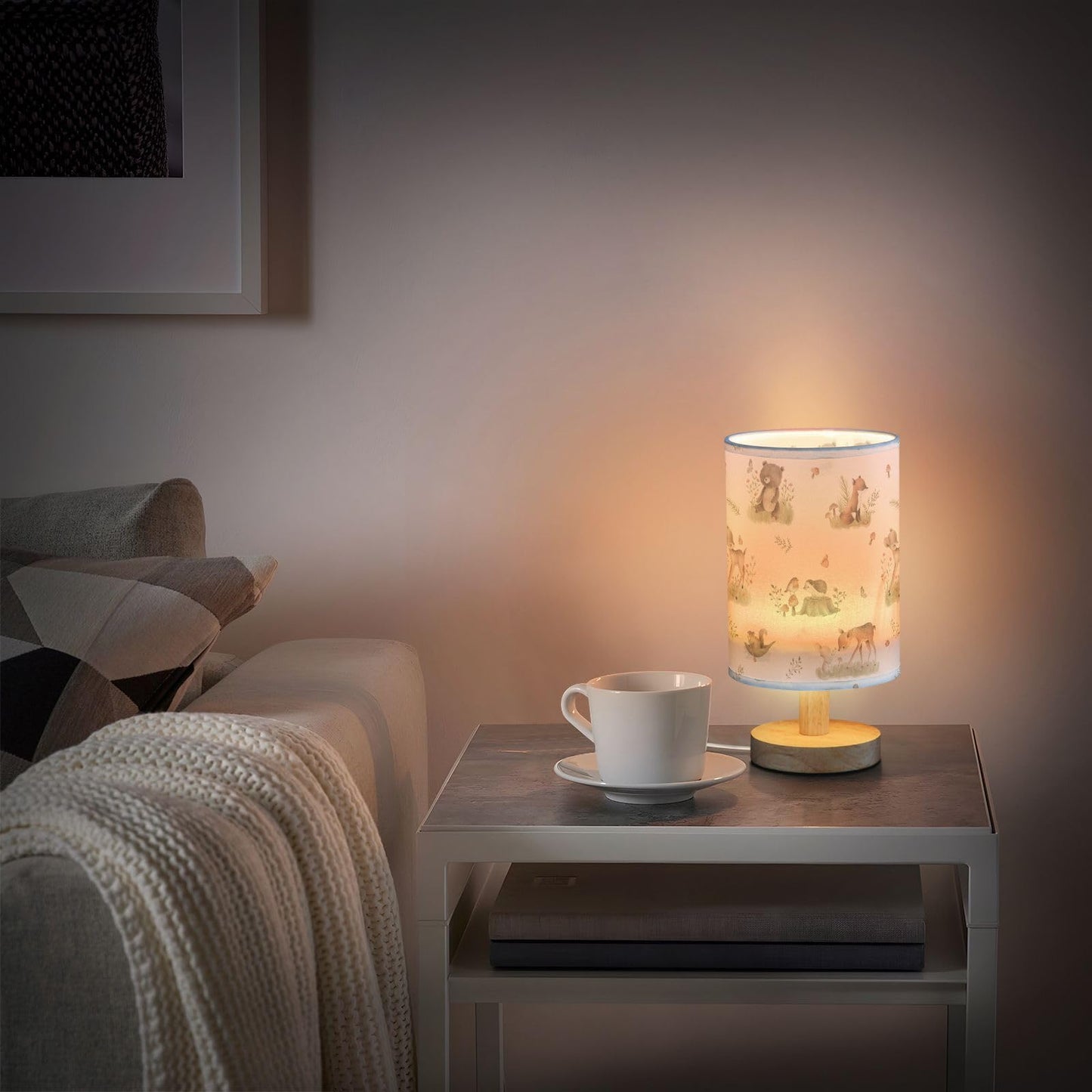 Oarencol Bedside Table Lamp Woodland Animals Nightstand Lamp with Wood Forest Fox Deer Rabbit Bird Bear Mushroom Desk Lamps for Bedroom Living Room Nursery Office Home Decor