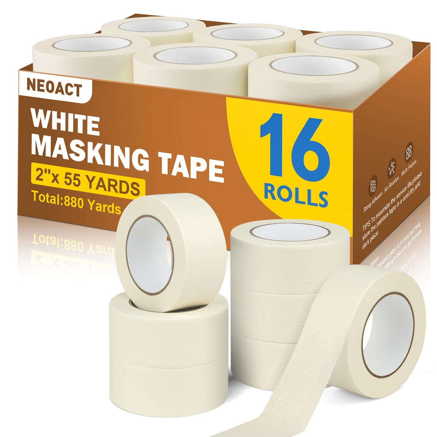 NEOACT 16 Pack Masking Tape 2 Inch Wide, Beige White Masking Tape Bulk General Purpose Tape for Arts, Craft, Painting, Office, School, Home, 55 Yards x 16 Rolls (880 Yards Total)
