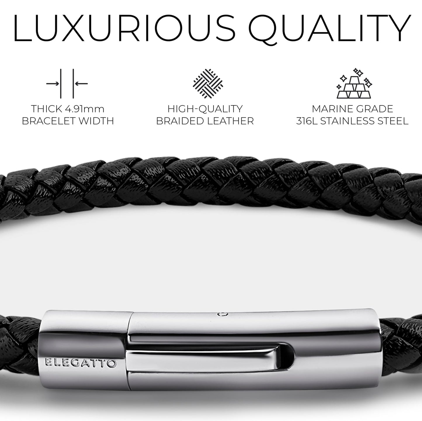 Elegatto Elagio Premium Braided Leather Bracelet for Men | Full-Grain Braided Leather with Sterling Silver Polished Stainless Steel Clasp | Men’s Designer Bracelets | Extra Large