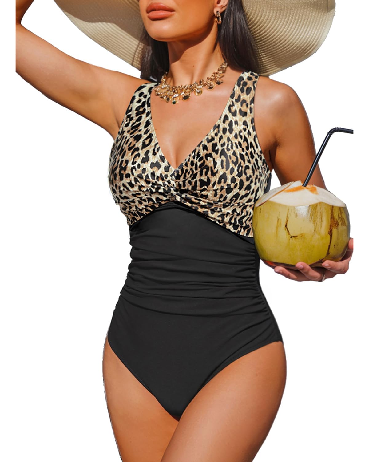 Holipick Black Leopard Women Tummy Control One Piece Swimsuit - Push Up Bathing Suit Full Coverage Slimming Swimwear S